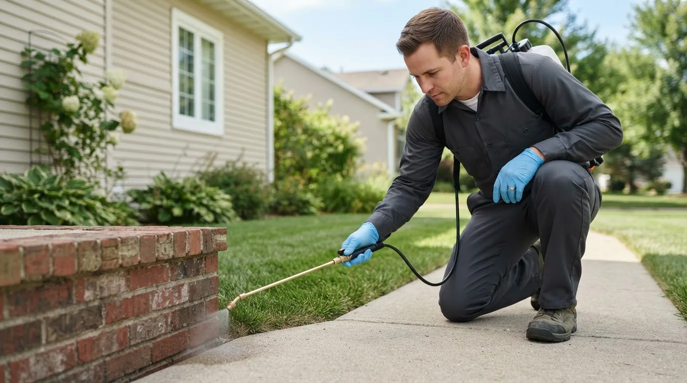 Pest control technician treating a home near Akeley, MN